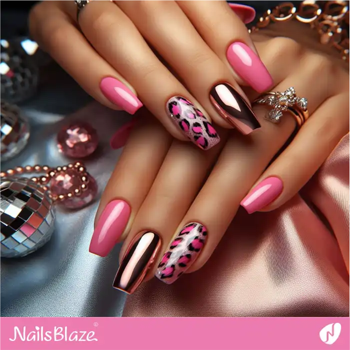 Hot Pink Leopard Print Nails with Chrome Accents | Animal Print Nails - NB4334